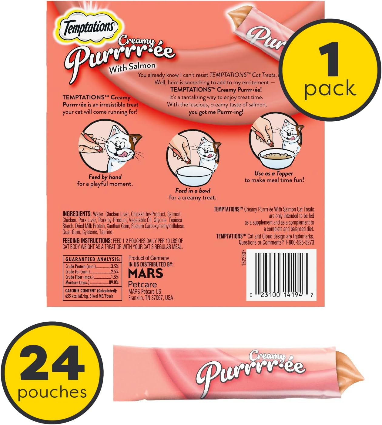 Temptations Creamy Puree Salmon Cat Treats – 0.42 oz (24 Tubes)