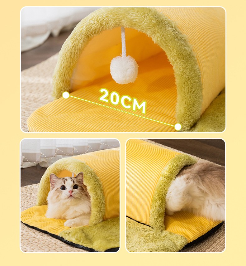 2 in 1 Tunnel Cat Bed – Mat & Hideout with Toys