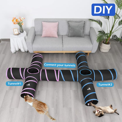 4-Way Cat Tunnel – Collapsible Maze with Bells & Pompon