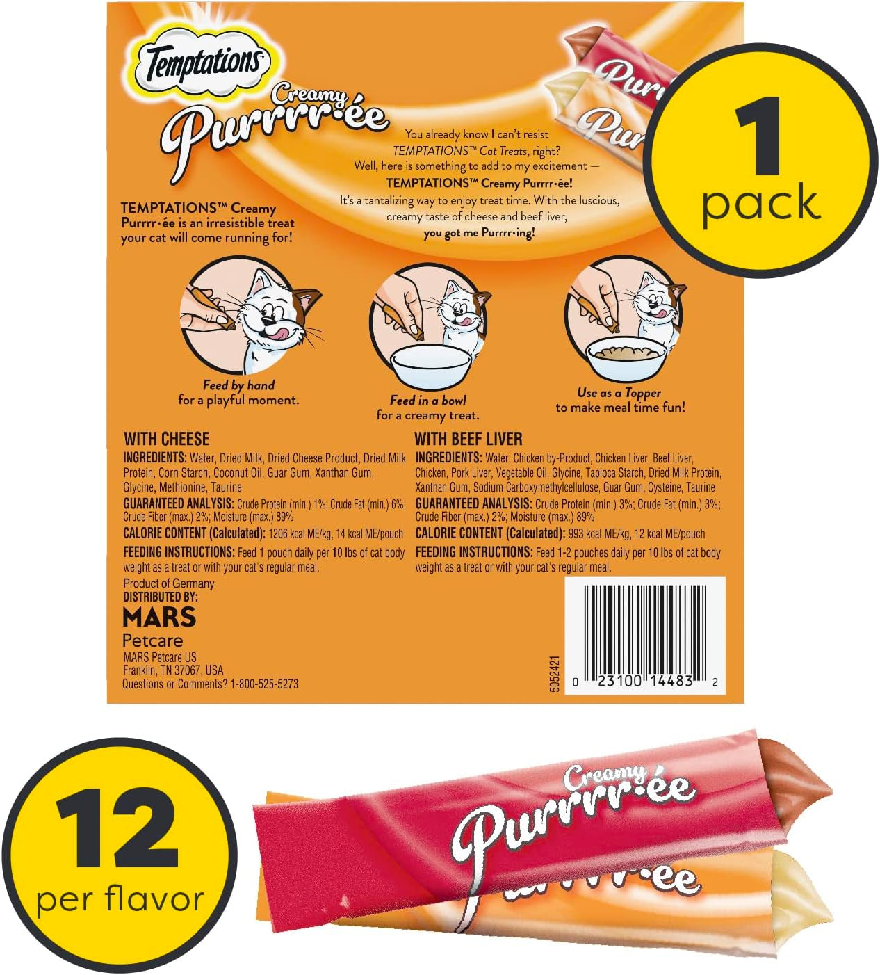 Temptations Creamy Puree Beef Liver & Cheese Wet Cat Treats - 0.42 oz (24 Count)