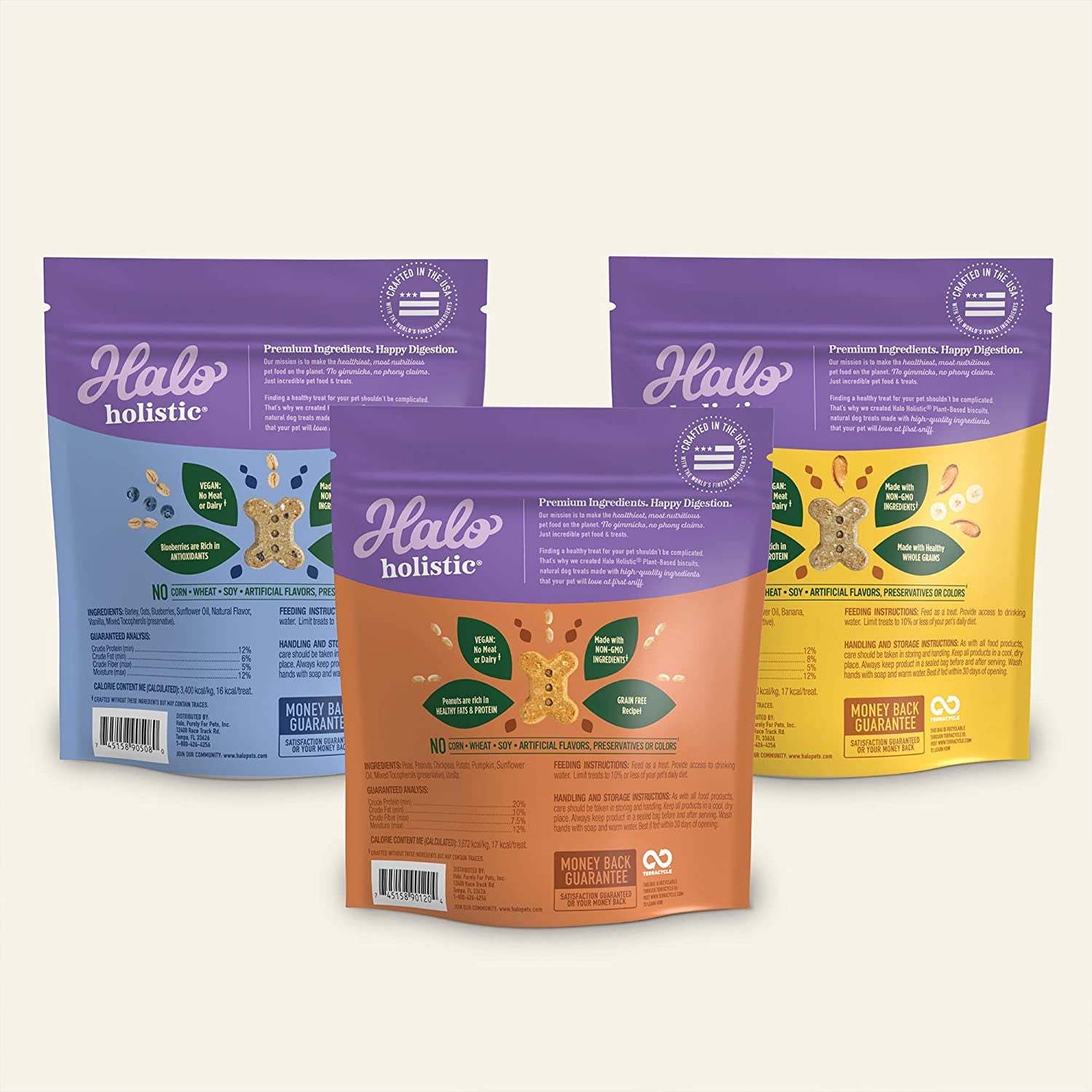 Halo Plant Based Oats & Blueberries, Peanut Butter & Banana, Peanuts & Pumpkin Crunchy Dog Treats – 8 oz (3 Pack)