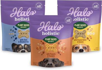 Halo Plant Based Oats & Blueberries, Peanut Butter & Banana, Peanuts & Pumpkin Crunchy Dog Treats – 8 oz (3 Pack)