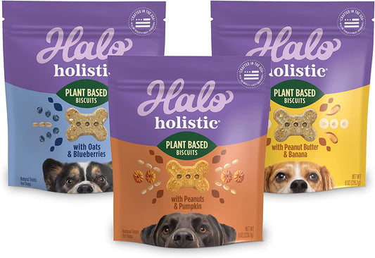 Halo Plant Based Oats & Blueberries, Peanut Butter & Banana, Peanuts & Pumpkin Crunchy Dog Treats – 8 oz (3 Pack)