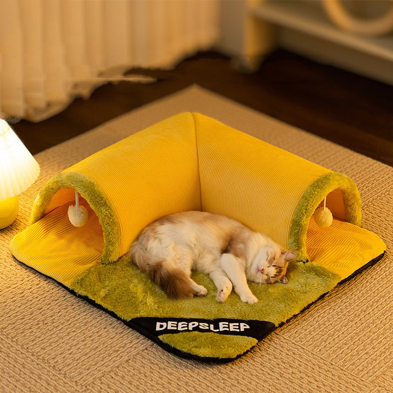2 in 1 Tunnel Cat Bed – Mat & Hideout with Toys