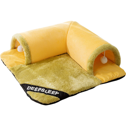 2 in 1 Tunnel Cat Bed – Mat & Hideout with Toys