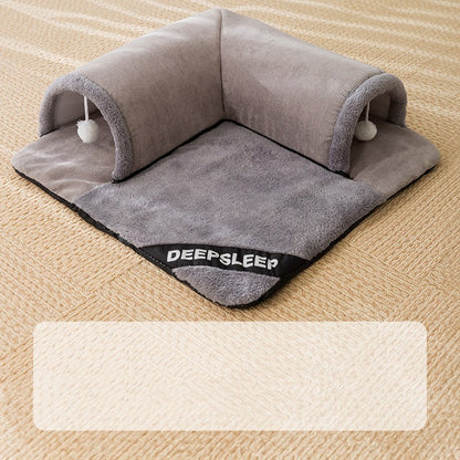 2 in 1 Tunnel Cat Bed – Mat & Hideout with Toys