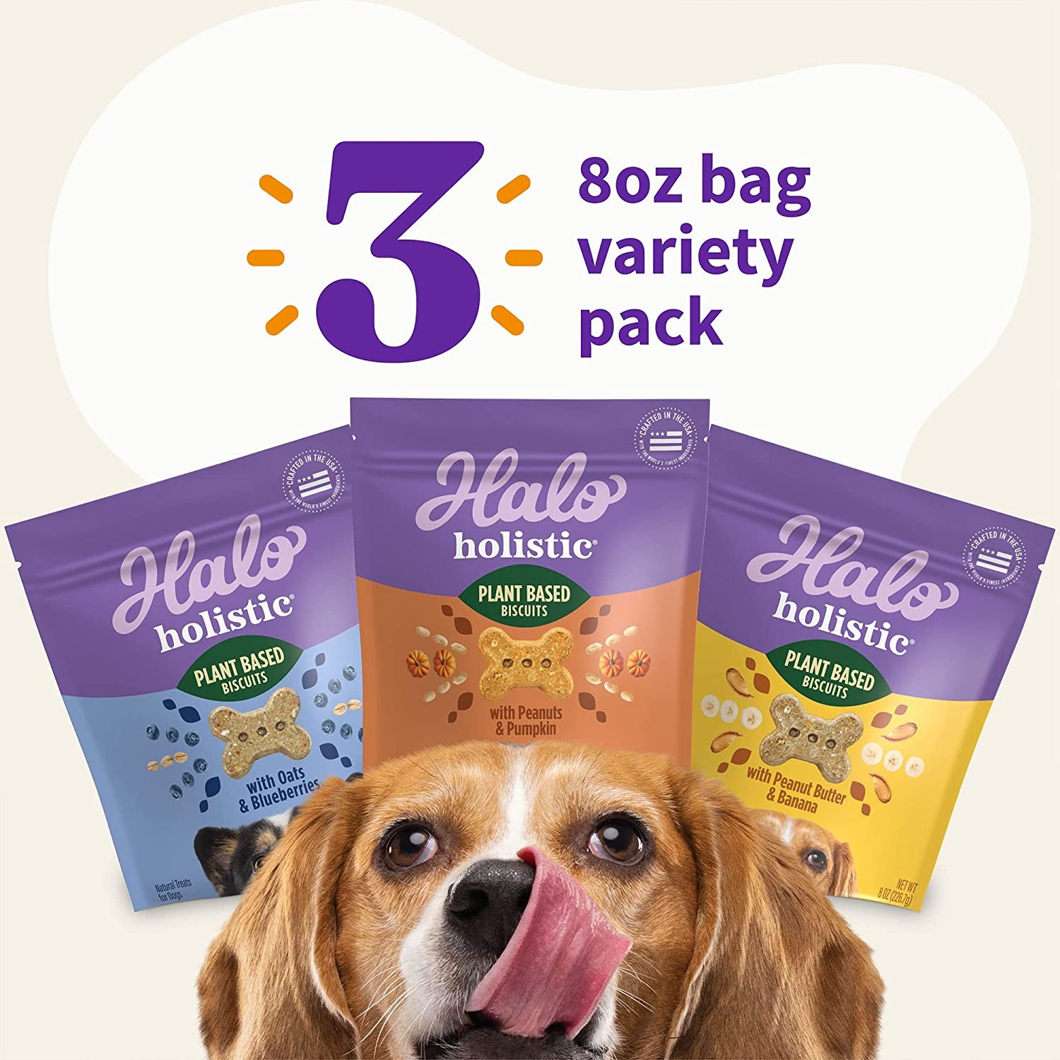 Halo Plant Based Oats & Blueberries, Peanut Butter & Banana, Peanuts & Pumpkin Crunchy Dog Treats – 8 oz (3 Pack)