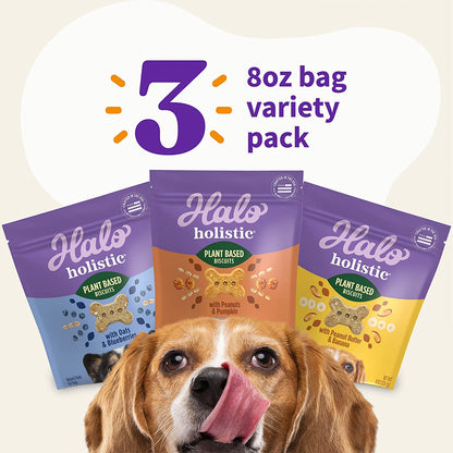 Halo Plant Based Oats & Blueberries, Peanut Butter & Banana, Peanuts & Pumpkin Crunchy Dog Treats – 8 oz (3 Pack)