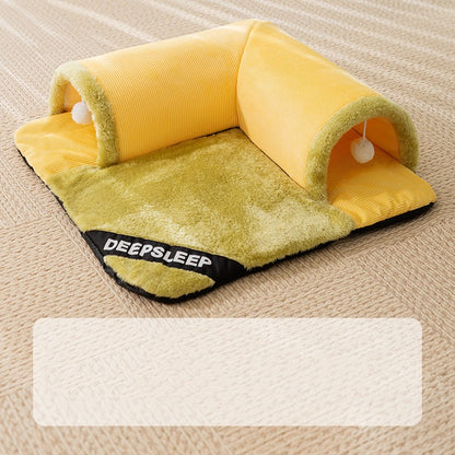 2 in 1 Tunnel Cat Bed – Mat & Hideout with Toys